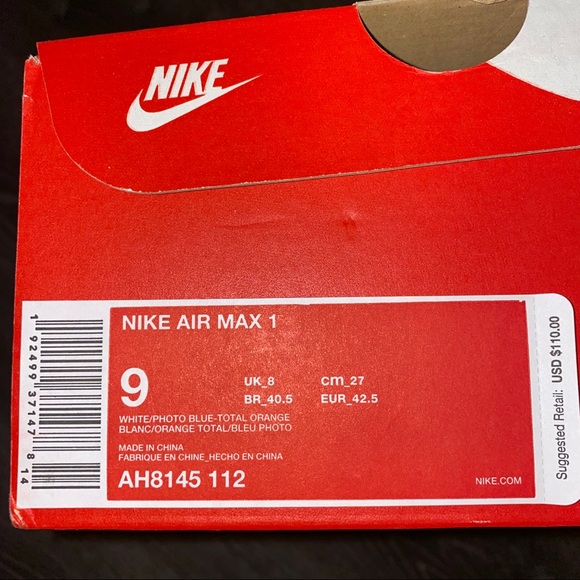 Nike Air Max 1 White/Photo Blue Men’s Size 9 *NEW* - Picture 3 of 3